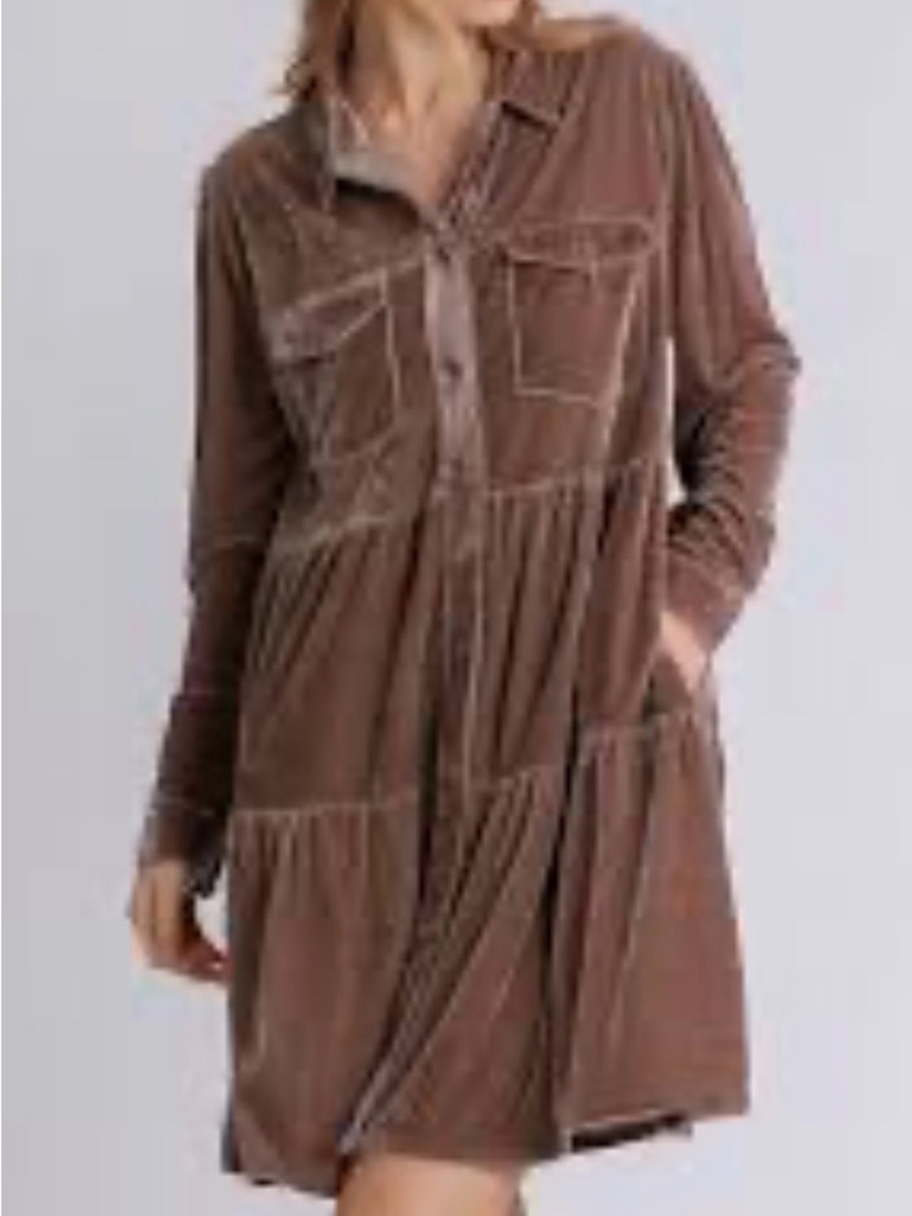Umgee Brown Tiered Long Sleeve Shirt Dress